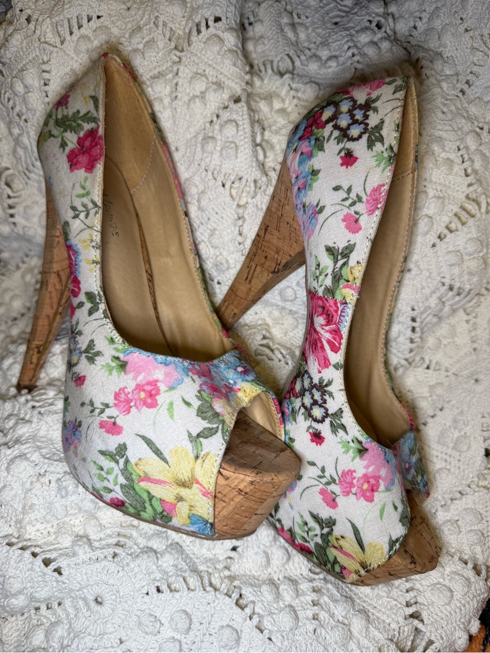 Floral Peep-Toe Cork Platform Heels - White Floral